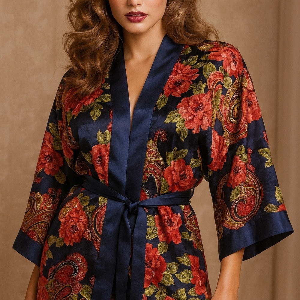 Victorias Secret Floral Paisley Kimono Robe Satin Trim Belt OS Vintage 90s